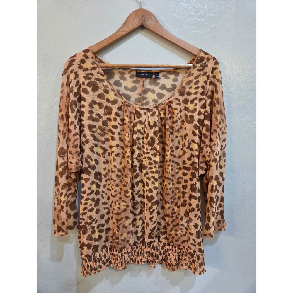 Apt. 9 Womens Leopard Print Mesh Smocked Hem Top Brown Tan Large Blouse Vintage